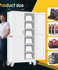 Heavy Duty Metal Garage Storage Cabinet On Wheels With Lockable File Cabinets, Two Doors And Five Adjustable Shelves, 74 Inch Tall Tool Cabinet For Home Office Or Warehouse, Easy Assembly, White, open