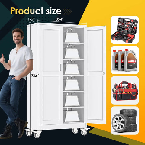 Heavy Duty Metal Garage Storage Cabinet On Wheels With Lockable File Cabinets, Two Doors And Five Adjustable Shelves, 74 Inch Tall Tool Cabinet For Home Office Or Warehouse, Easy Assembly, White, open