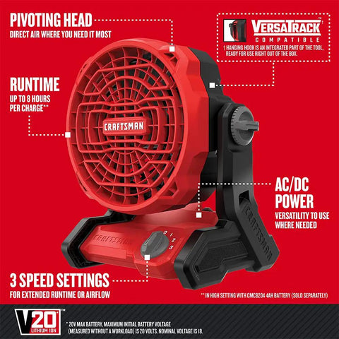 20V Max Cordless Fan Tool Only Red With 3 Speed Settings 240 Degree Pivot Head For Direct Airflow AC DC Power display