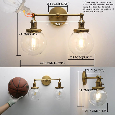 Vintage Industrial Wall Sconce With Switch 180 Degree Adjustable Hardwired Vanity Light With 5.9 Inch Globe Glass Shade In Antique Gold Two Light For Bathroom Living Room Kitchen, showing measurements and brass finish.