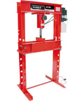 Heavy Duty Forty Ton Electric Hydraulic Shop Press in red, designed for garage tasks, showcasing sturdy frame and pressure gauge.