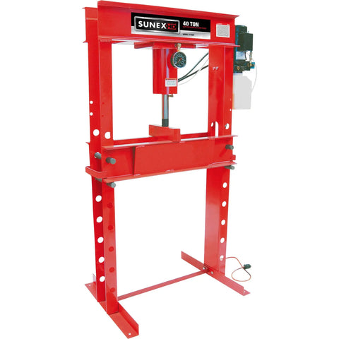 Heavy Duty Forty Ton Electric Hydraulic Shop Press in red, designed for garage tasks, showcasing sturdy frame and pressure gauge.