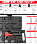 Pop Rivet Gun Kit With 200 Blind Rivets, Upgraded Manual Single Hand Riveter in open case with accessories, tool-free heads, and drill bits.