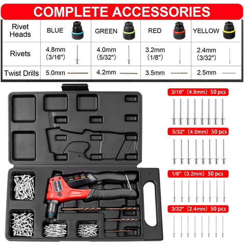 Pop Rivet Gun Kit With 200 Blind Rivets, Upgraded Manual Single Hand Riveter in open case with accessories, tool-free heads, and drill bits.