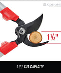Close-up of 30 Inch Bypass Lopper cutting a branch, featuring Comfort Gel Grips, Shock Guard, and Dual Arc Nonstick Blades.