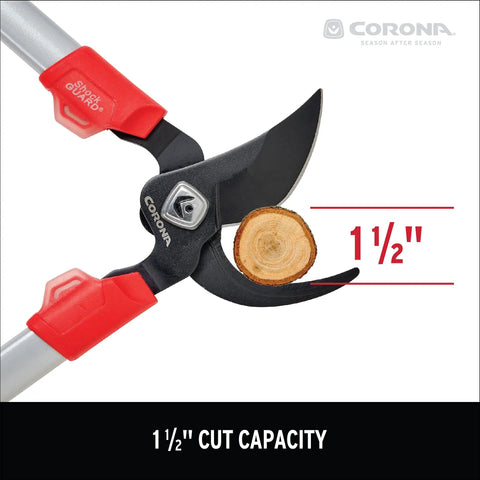 Close-up of 30 Inch Bypass Lopper cutting a branch, featuring Comfort Gel Grips, Shock Guard, and Dual Arc Nonstick Blades.