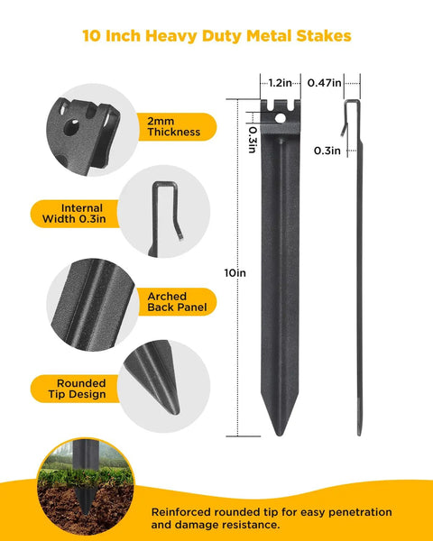 Heavy Duty Landscape Edging Stakes 20 Pack, 10 Inch 2mm Thick High Carbon Steel Anchoring Spikes, featuring rounded tip and arched back