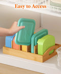 Bamboo Lid Organizer For Inside Cabinet With 4 Adjustable Inserts And 5 Sections, Keeps Lids Neat And Easy To Grab, Food Container Lid Holder