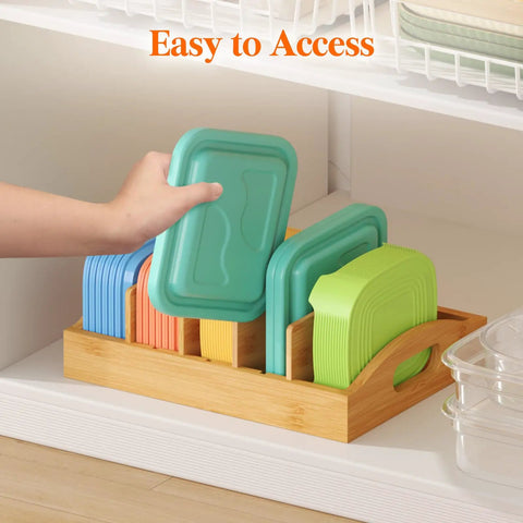 Bamboo Lid Organizer For Inside Cabinet With 4 Adjustable Inserts And 5 Sections, Keeps Lids Neat And Easy To Grab, Food Container Lid Holder