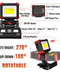 Rechargeable LED Work Light With Clamp And Magnetic Clip 2100 Lumen COB Portable Work Light 270 Degree Rotating Head USB Charger