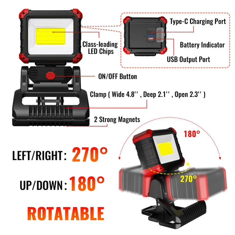Rechargeable LED Work Light With Clamp And Magnetic Clip 2100 Lumen COB Portable Work Light 270 Degree Rotating Head USB Charger
