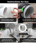 4 Inch Dryer Vent Hose Kit 10 Ft With 90 Degree Elbow, installation steps showing rubber interface and hose clamps