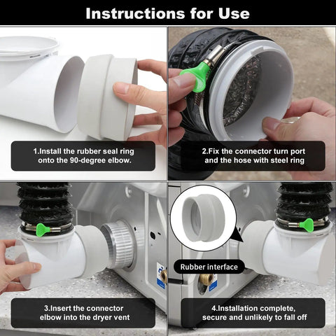 4 Inch Dryer Vent Hose Kit 10 Ft With 90 Degree Elbow, installation steps showing rubber interface and hose clamps