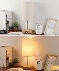 Two Pack Table Lamps With USB Ports For Living Room Bedroom Office with cream shade and oak base, shown day and night view
