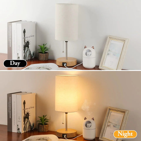 Two Pack Table Lamps With USB Ports For Living Room Bedroom Office with cream shade and oak base, shown day and night view
