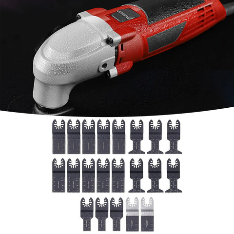Wood Oscillating Multitool Blades 21 Piece Kit With Size Marks High Carbon Steel Straight Saw Blades displayed below a tool