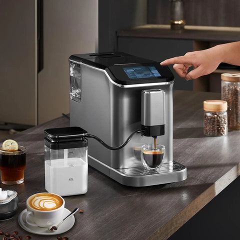 Fully Automatic Espresso Machine With Integrated Grinder And One Touch Milk Frother Delivering Hella Smooth Lattes And Bold Cappuccinos Any Day With Adjustable Bean Grinds And A Sleek Touch Interface For Effortless Home Bar Fun on kitchen counter with milk container nearby.