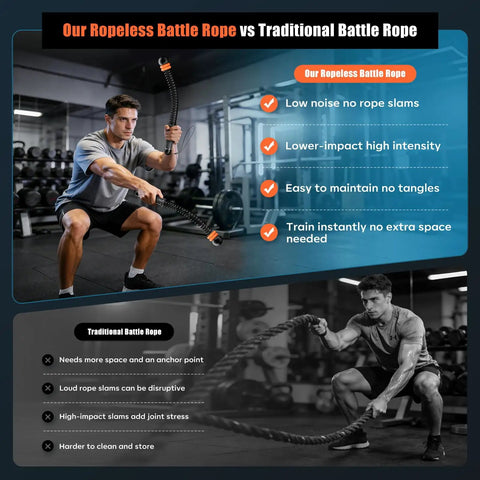 Comparison of Cordless Battle Rope With Adjustable Resistance Springs For Weighted Training At Home and traditional battle rope.
