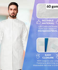 Disposable Lab Coats For Adults Pack Of 10 Lightweight 60gsm Microporous Long Sleeve White With Elastic Cuffs Hook And Loop Closure Mandarin Collar No Pockets Breathable All Day Comfort Medical Gowns, man model front view