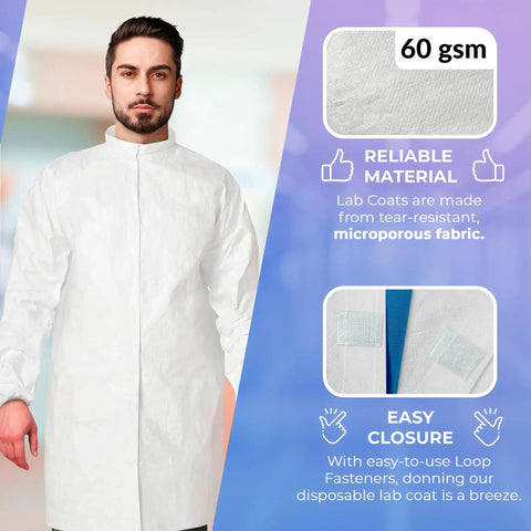 Disposable Lab Coats For Adults Pack Of 10 Lightweight 60gsm Microporous Long Sleeve White With Elastic Cuffs Hook And Loop Closure Mandarin Collar No Pockets Breathable All Day Comfort Medical Gowns, man model front view