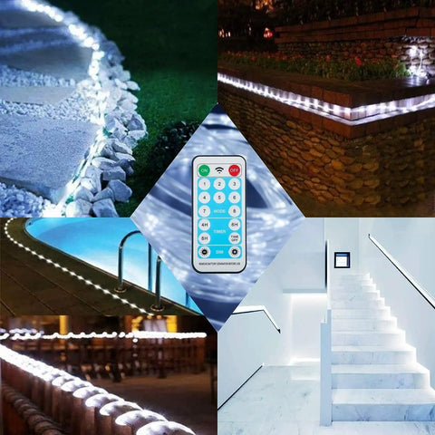 Collage of 196ft 600 LED Outdoor Rope Lights With Remote Solar Powered IP65 Waterproof Weatherproof 360 Degree Lighting Timer for garden and pool