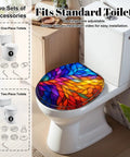 Round Colorful Stained Glass Effect Abstract Leaf Radiant Toilet Seat on standard toilet with adjustable hinges.