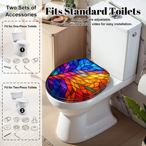 Round Colorful Stained Glass Effect Abstract Leaf Radiant Toilet Seat on standard toilet with adjustable hinges.