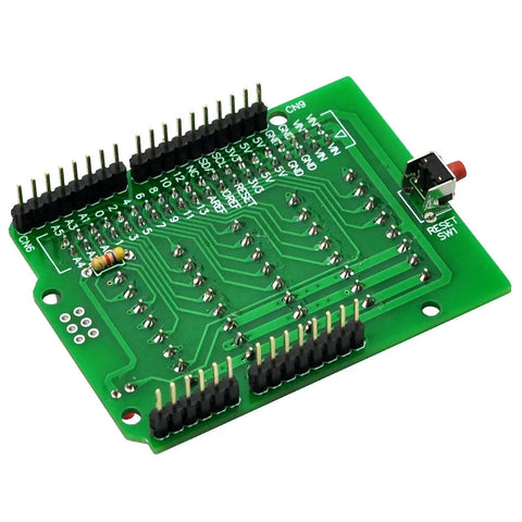 Arduino Screw Terminal Block Breakout Module For Uno R3 showing close-up of soldered 40-pin IDC header and reset switch