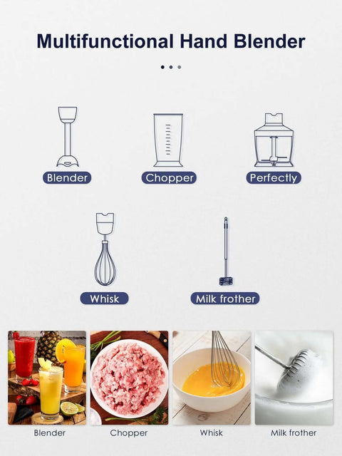5 In 1 Heavy Duty Hand Immersion Blender With 1000W Copper Motor And Mixing Beaker Chopper Whisk Attachment For Creamy Soups And Rich Coffee Froth showing four attachments: blender, chopper, whisk, and milk frother.