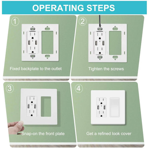 Installation guide for 10 Pack Screwless Decorator Wall Plates for 2 Gang Outlets Switches and GFCI; four-step process.