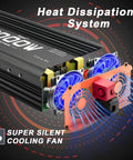 Solid 2000 Watt Power Inverter 12V DC To 110V AC Converter showing heat dissipation system and cooling fans for efficient operation.