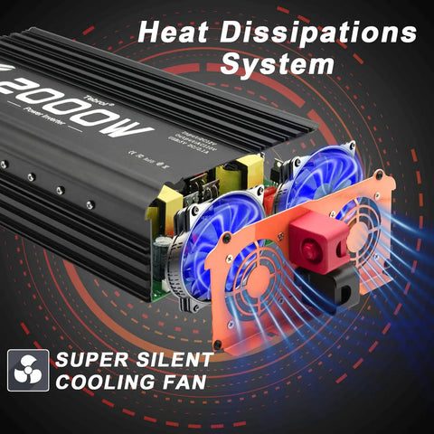 Solid 2000 Watt Power Inverter 12V DC To 110V AC Converter showing heat dissipation system and cooling fans for efficient operation.