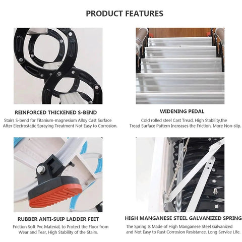 Product features of Game Changer Electric Attic Ladder Pull Down Design with Comfort Grip Armrests showcasing S-bend, widening pedal, and rubber feet.