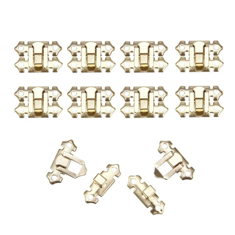 Gold Decorative Hasp Lock Set, 10 Pcs Keyed Latch Clasps, 33x25mm, shown with all pieces including separate parts and screws.