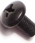 Straight Shot Phillips Pan Head Machine Screws 10 32 X 3/8 Black Steel Fasteners in close-up detail.