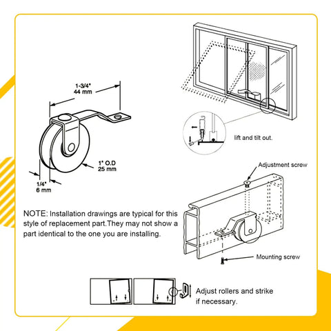 Installation diagram for Heavy Duty 4 Pack Sliding Screen Door Rollers Glides Like Butter With Silent 1 Inch Steel Ball Bearings.