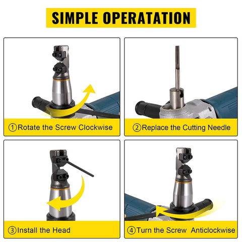 Electric Metal Nibbler 625W Cutter With 1000 RPM High Speed Rotor, assembly instructions showing screw and needle replacement process.