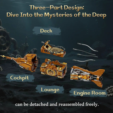 Steampunk Nautilus Submarine Building Kit With Gear Linked Propeller Modular Three Section Design Mini Boat And Undersea Adventure Scene