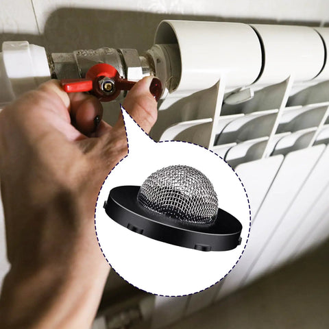 Heavy Duty 8 Pack Hose Water Filter Washers With Mesh Screen Inserts for Garden Hoses in use at water valve with black gasket.