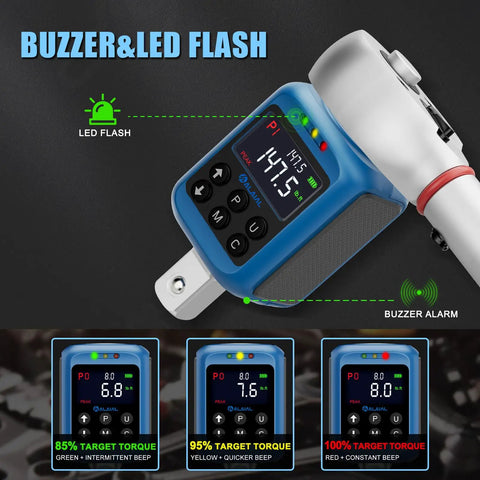 Digital Torque Adapter For Half Inch Drive Turns Your Torque Wrench Into A Precision Tool With Peak And Trace Modes Four Units Nm Lb Ft Lb In Kg Cm 2.2 To 147.5 Ft-Lb 3 To 200 Nm About Two Percent Accuracy Buzzer And LED Indicator Includes 3/8 And 1/4 with LED display and control buttons.