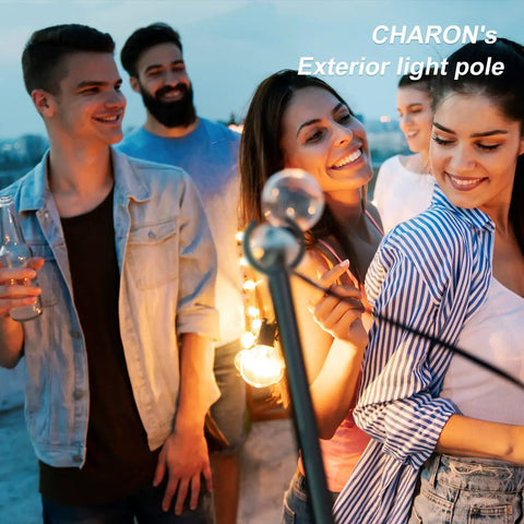 Outdoor String Light Poles 2 Pack 9 Ft Adjustable Pole And Bracket Kit for festive party lighting on a patio at sunset