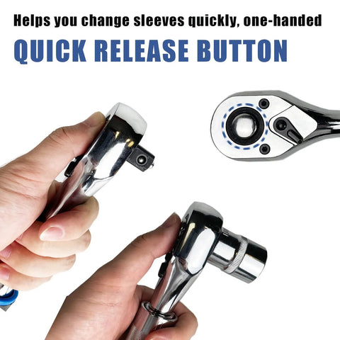 Close-up of Extendable Ratchet Set Three Piece With One Quarter Inch Drive, Quick release button demonstration.