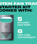 Indoor Bug Trap With Fan And UV Light That Attracts Mosquitoes Fruit Flies And House Flies Plug In Portable Insect Catcher No Fuss Quiet Operation Starter Kit Includes One Device And Five Glue Traps For Quick Low Noise Pest Control with features listed on green background.