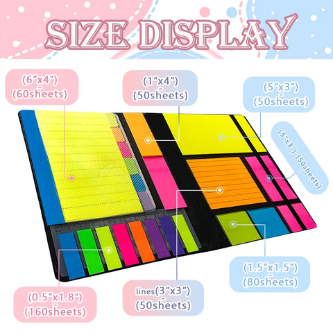 Seven Size Sticky Notes And Tabs Set With Multicolor Neon Index Tabs And Divider Notes For Office School Planner And Book Marking A 710 Piece Bulk Pack To Keep You Organized For Home And Office Use, displaying various sizes and colors