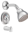 Chateau Chrome Posi Temp Bathtub Trim Kit With Shower Head And Lever Handle And Tub Spout Valve Required To Complete Has A Dope Sleek Mirror Like Finish And Easy Temperature Control For A Modern Bathroom Upgrade TL183EP set showing shower head, handle, and spout.