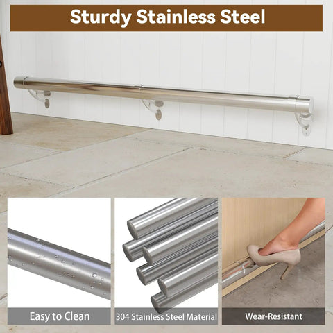 Premium Stainless Steel Bar Foot Rail Kit Includes Heavy Duty Wall Mount Brackets with sleek, sturdy 304 stainless steel tubing.