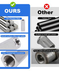 Comparison of Heavy Duty 304 Stainless Steel M8 X 1.25 Pitch Metric Hex Coupling Nuts 24 Millimeter Long against inferior carbon steel.