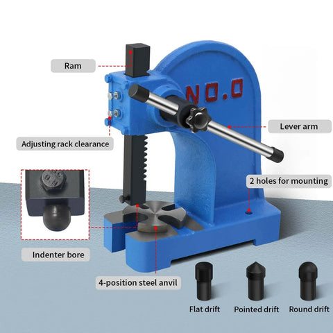 Heavy Duty 0.5 Ton Cast Iron Desktop Arbor Press For Riveting And Hole Punching with labeled components