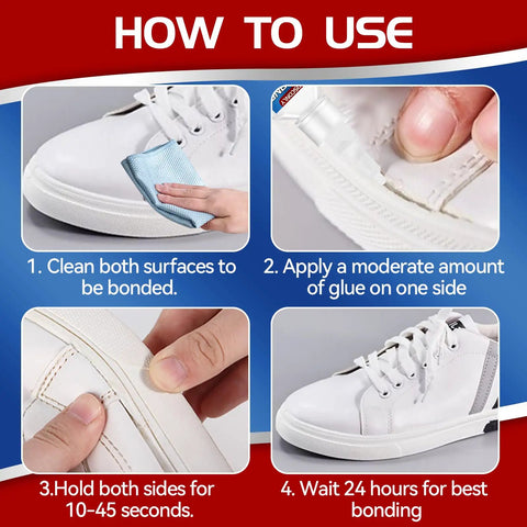 Heavy Duty Shoe Glue 30g For Sole Repair Waterproof Bond That Sticks Leather Rubber And Fabric, application instructions on sneakers.