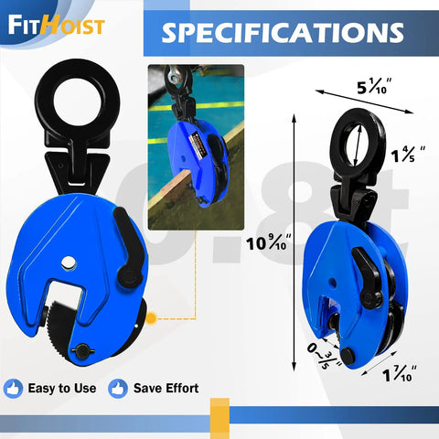 FITHOIST vertical plate clamp, blue housing with black jaw, front view; 0.8 ton capacity